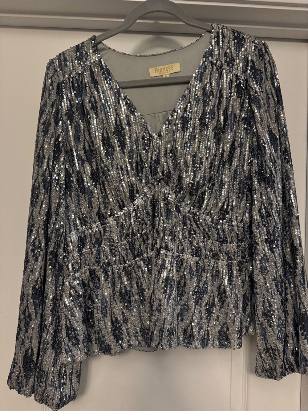 FARMERS Navy and Silver Sequin V-Neck Peplum Blouse